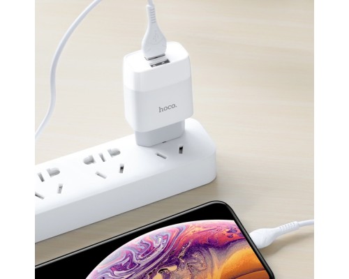 Сетевое зарядное устройство Hoco C73A 2 USB белое + кабель USB to Lightning