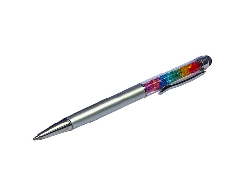 Стилус ёмкостный , с шариковой ручкой, металлический, серебристый с кристаллами цветов радуги