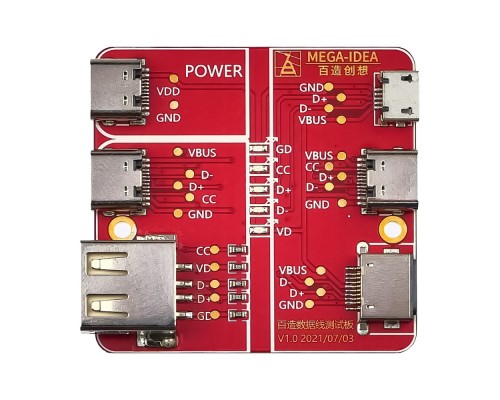 Тестовая плата Mega-Idea для проверки USB кабелей Lightning/ Type-C/ Micro