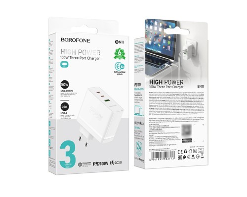 Сетевое зарядное устройство Borofone BN11 USB/ 2 Type-C PD 100W белое