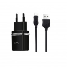Сетевое зарядное устройство Hoco C12 2 USB черное + кабель USB to Lightning