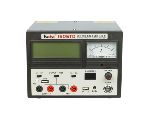 Блок питания Kaisi 1505TD 15V, 5A, цифровая/аналоговая индикация, автовосстановление после КЗ, тестер, USB 5V/2A, DC 9V