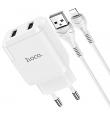 Сетевое зарядное устройство Hoco N7 2 USB белое + кабель USB to Lightning