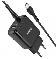 Сетевое зарядное устройство Hoco N5 USB/ Type-C QC PD черное + кабель Type-C to Type-C
