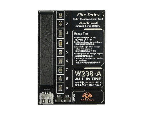 Плата активации и зарядки аккумуляторов W238-A с цифр. инд. (9 разъемов для тел. на Android; кабели microUSB/USB A, microUSB/штеккеры БП)