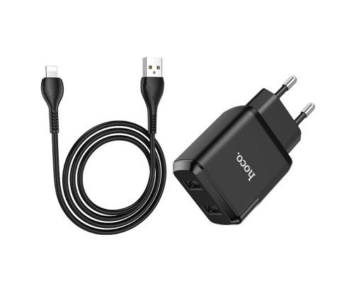 Сетевое зарядное устройство Hoco N7 2 USB черное + кабель USB to Lightning