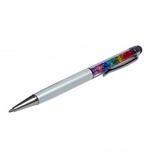 Стилус ёмкостный , с шариковой ручкой, металлический, белый с кристаллами цветов радуги