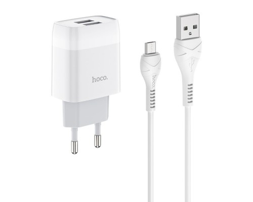 Сетевое зарядное устройство Hoco C73A 2 USB белое + кабель USB to MicroUSB