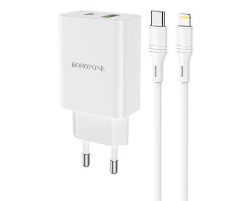 Сетевое зарядное устройство Borofone BA56A USB/ Type-C QC PD белое + кабель Type-C to Lightning