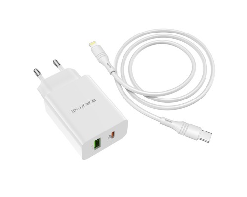 Сетевое зарядное устройство Borofone BA56A USB/ Type-C QC PD белое + кабель Type-C to Lightning