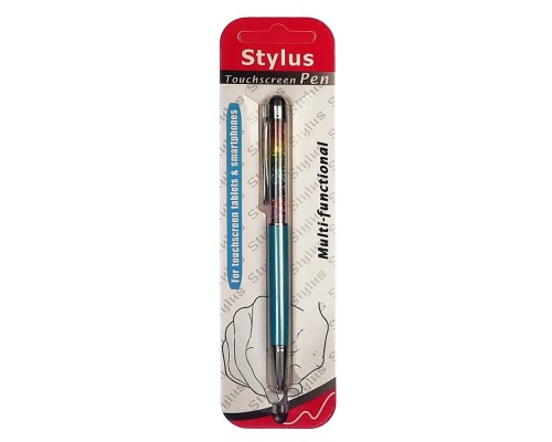 Стилус ёмкостный , с шариковой ручкой, металлический, голубой с кристаллами цветов радуги
