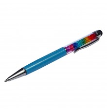 Стилус ёмкостный , с шариковой ручкой, металлический, голубой с кристаллами цветов радуги