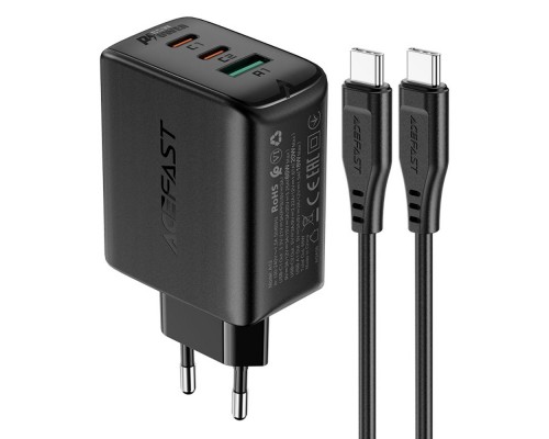 Сетевое зарядное устройство Acefast A13 USB/ 2 Type-C QC PD 65W черное + кабель Type-C to Type-C