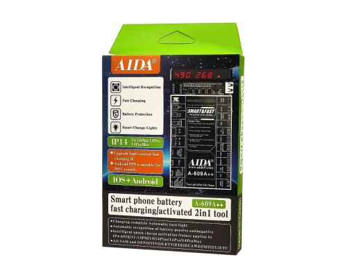 Плата активации и зарядки аккумуляторов Aida A-609A++ с цифр. инд. (5G -14 Pro Max,HUAWEI,LENOVO,VIVO,MI,ZTE; кабели microUSB/USB A/штеккеры БП)
