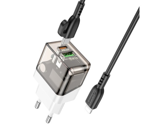 Сетевое зарядное устройство Borofone BA80A USB/ Type-C PD QC прозрачно-черное + кабель Type-C to Lightning