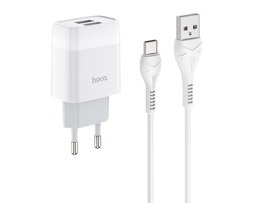 Сетевое зарядное устройство Hoco C73A 2 USB белое + кабель USB to Type-C