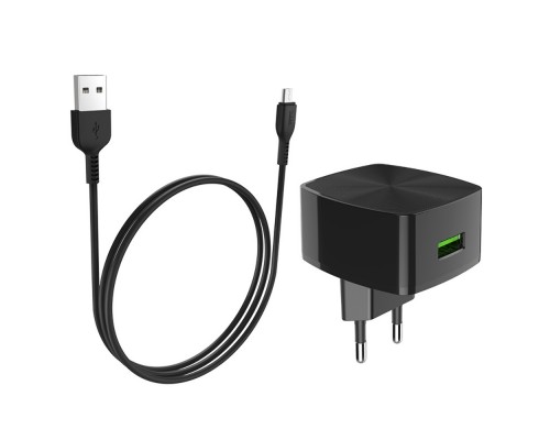 Сетевое зарядное устройство Hoco C70A USB QC черное + кабель USB to MicroUSB