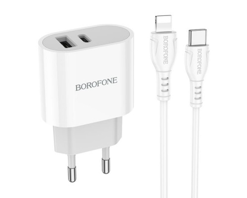 Сетевое зарядное устройство Borofone BA62A USB/ Type-C белое + кабель Type-C to Lightning