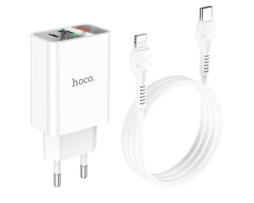 Сетевое зарядное устройство Hoco C100A USB/ Type-C QC PD с дисплеем белое + кабель Type-C to Lightning
