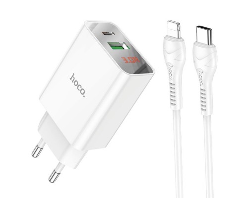 Сетевое зарядное устройство Hoco C100A USB/ Type-C QC PD с дисплеем белое + кабель Type-C to Lightning