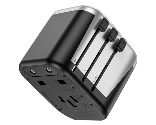 Сетевое зарядное устройство переходник Hoco AC5 2 USB (EU, US, UK, AUS) серебристо-черный