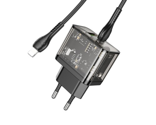 Сетевое зарядное устройство Hoco N34 2 Type-C прозрачно-черное + кабель Type-C to Lightning