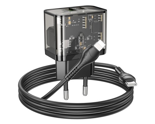 Сетевое зарядное устройство Hoco N34 2 Type-C прозрачно-черное + кабель Type-C to Lightning