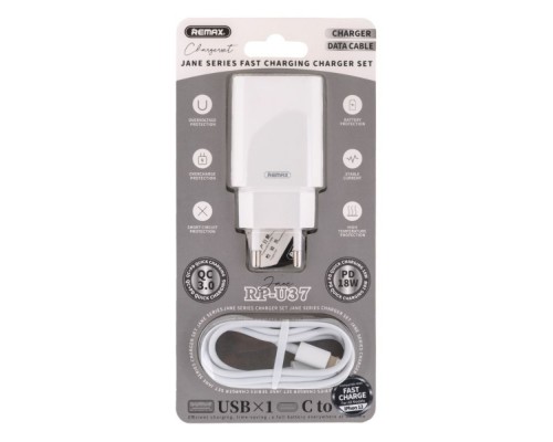 Сетевое зарядное устройство Remax RP-U37 USB/ Type-C QC PD белое + кабель Type-C to Lightning