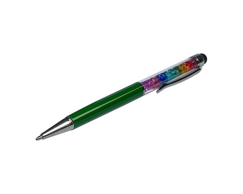 Стилус ёмкостный , с шариковой ручкой, металлический, зелёный с кристаллами цветов радуги
