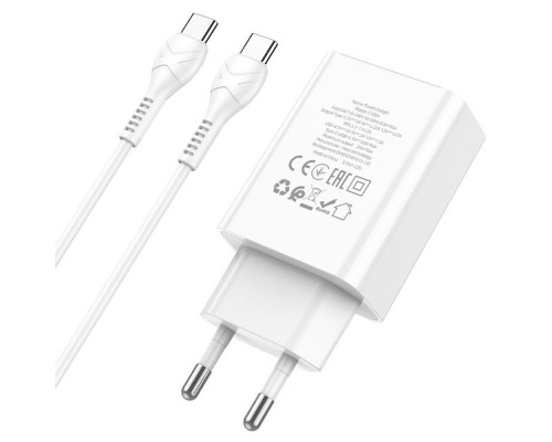 Сетевое зарядное устройство Hoco C100A USB/ Type-C QC PD с дисплеем белое + кабель Type-C to Type-C