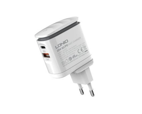 Сетевое зарядное устройство Ldnio A2423C USB/ Type-C QC PD 25W ночник белое + кабель Type-C to Lightning