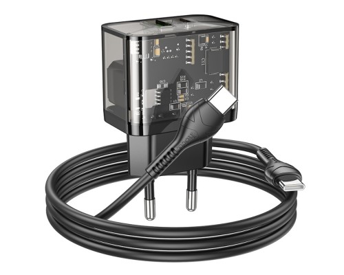 Сетевое зарядное устройство Hoco N34 2 Type-C прозрачно-черное + кабель Type-C to Type-C