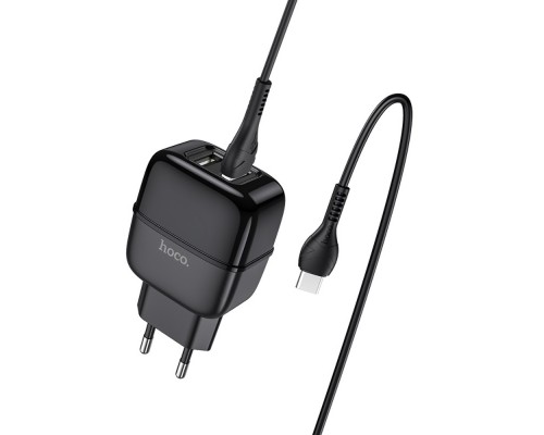 Сетевое зарядное устройство Hoco C77A 2 USB черное + кабель USB to Type-C