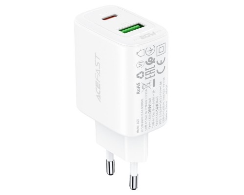 Сетевое зарядное устройство Acefast A25 USB/ Type-C QC PD белое