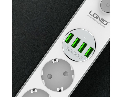 Сетевое зарядное устройство удлинитель Ldnio SE4432 4 USB 4 розетки серо-белый