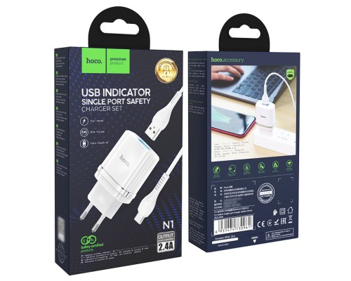 Сетевое зарядное устройство Hoco N1 USB белое + кабель USB to MicroUSB