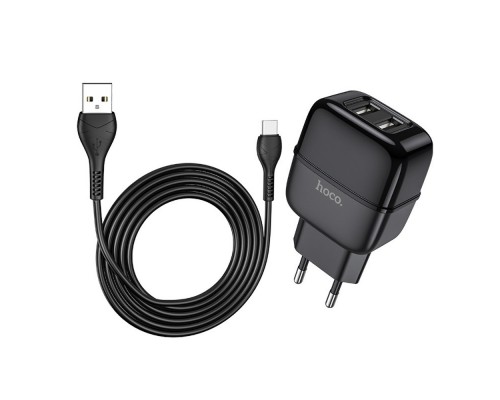 Сетевое зарядное устройство Hoco C77A 2 USB черное + кабель USB to Type-C