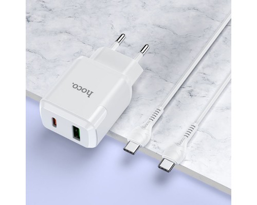 Сетевое зарядное устройство Hoco N5 USB/ Type-C QC PD белое + кабель Type-C to Type-C