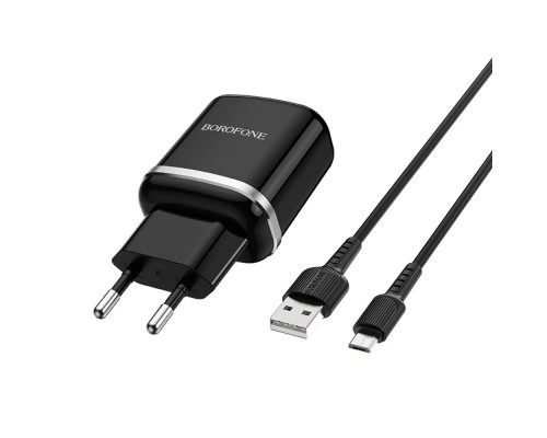 Сетевое зарядное устройство Borofone BA36A USB QC черное + кабель USB to MicroUSB