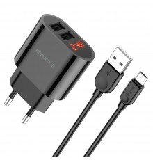 Сетевое зарядное устройство Borofone BA63A 2 USB с дисплеем черное + кабель USB to MicroUSB