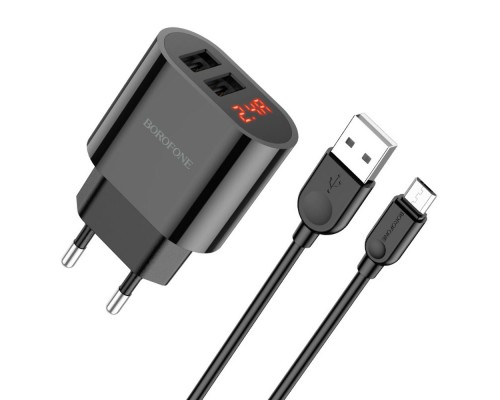 Сетевое зарядное устройство Borofone BA63A 2 USB с дисплеем черное + кабель USB to MicroUSB