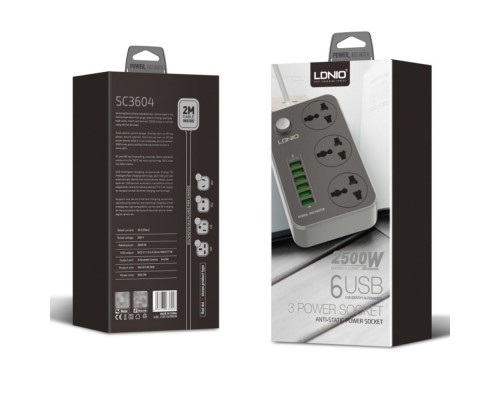 Сетевое зарядное устройство удлинитель Ldnio SC3604 6 USB 3 розетки 2m серо-черный