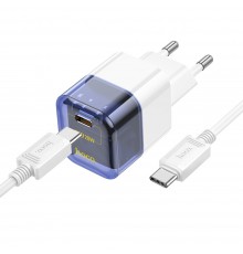 Сетевое зарядное устройство Hoco C125A Type-C прозрачно синее + кабель Type-C to Type-C