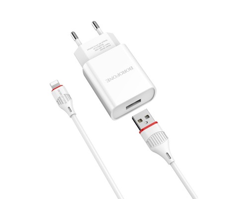 Сетевое зарядное устройство Borofone BA20A USB белое + кабель USB to Lightning