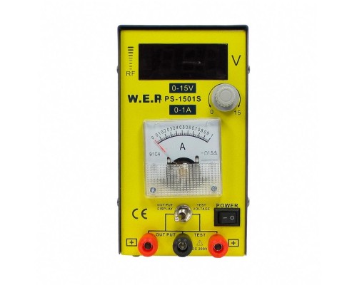 Блок питания WEP PS-1501S компактный, 15V цифровая индикация, 1A стрелочная индикация, RF-индикатор, тестер