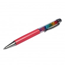 Стилус ёмкостный , с шариковой ручкой, металлический, розовый с кристаллами цветов радуги