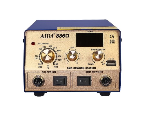 Паяльная станция AIDA 886D, фен с цифровой индикацией, паяльник с аналоговой регулировкой t, USB 5V 2A