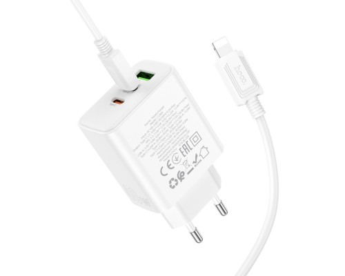 Сетевое зарядное устройство Hoco C126A USB/ 2 Type-C PD 40W белое + кабель Type-C to Lightning