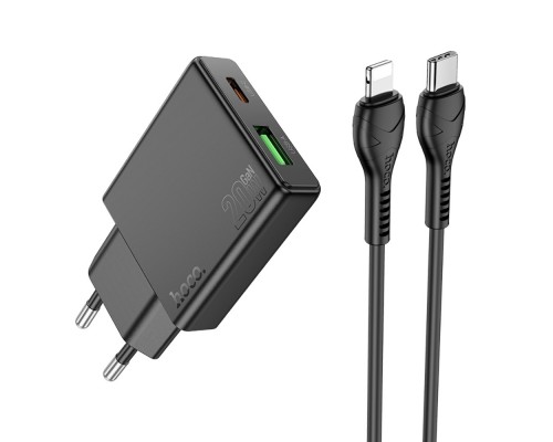 Сетевое зарядное устройство Hoco N38 USB/ Type-C QC PD + кабель Type-C to Lightning черное