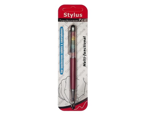 Стилус ёмкостный , с шариковой ручкой, металлический, малиновый с кристаллами цветов радуги